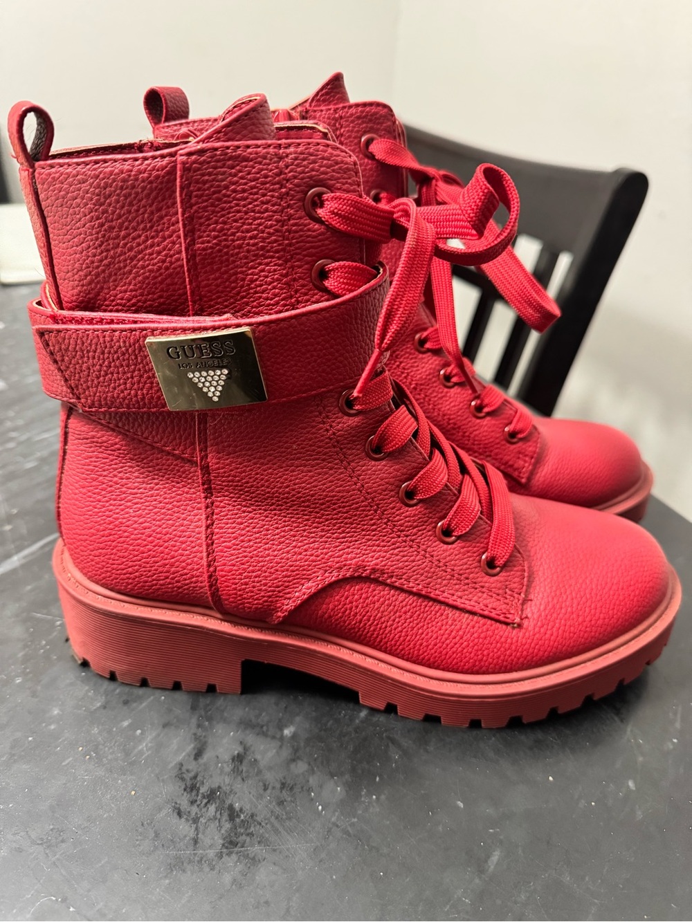 GUESS Red Lace-Up Combat Boots with Logo Strap